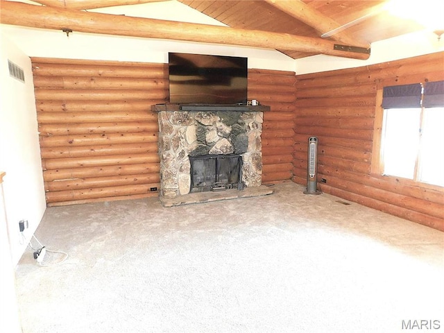 5 Sherwood Meadows Cir, Marthasville, MO 63357 - unfurnished living room with carpet flooring, a stone fireplace, and wood ceiling with exposed beams