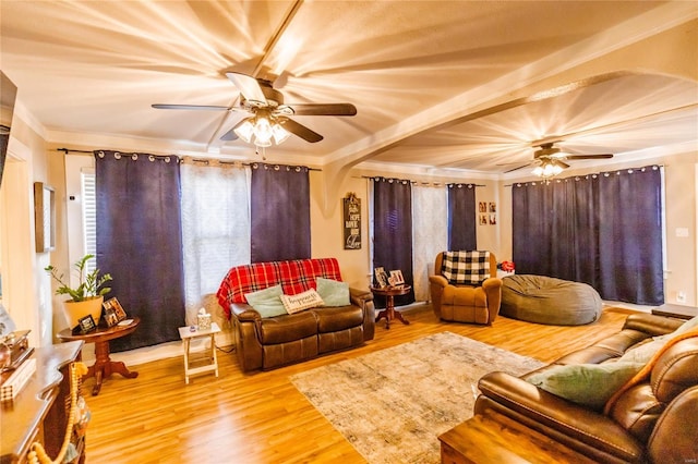 1040 N Kingshighway, Sikeston, MO 63801 - living area with a ceiling fan, wood finished floors, crown molding, and arched walkways