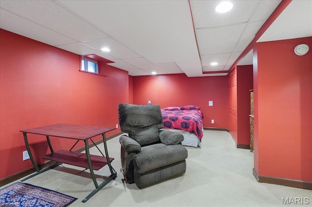 carpeted bedroom with recessed lighting and baseboards