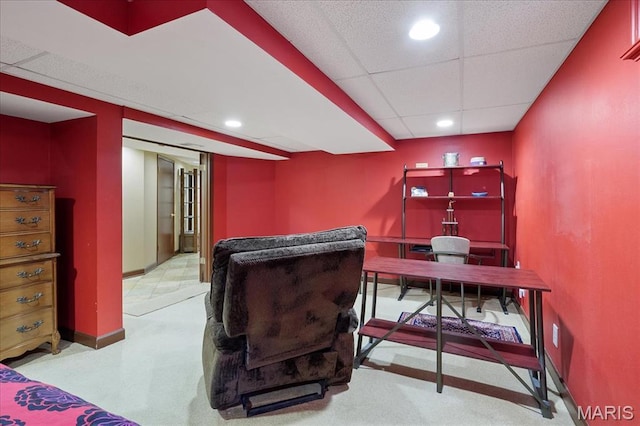 office area featuring recessed lighting, carpet floors, baseboards, and a paneled ceiling