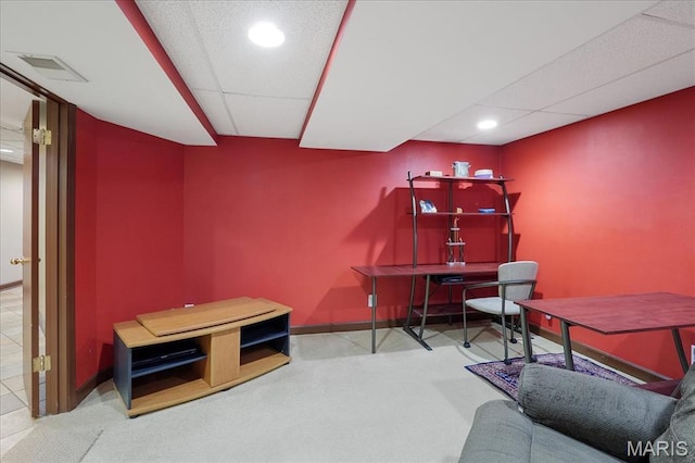 carpeted office with a paneled ceiling, baseboards, and recessed lighting