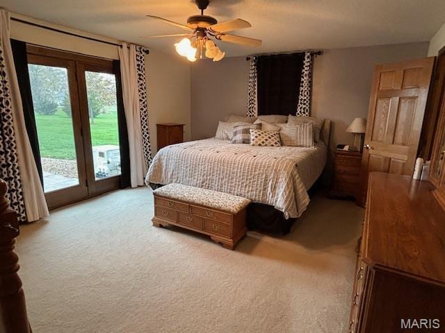 15020 Jamestown Rd, Breese, IL 62230 - bedroom with access to exterior, light carpet, and ceiling fan