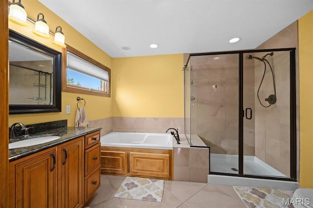15020 Jamestown Rd, Breese, IL 62230 - bathroom with a garden tub, vanity, a shower stall, and tile patterned flooring