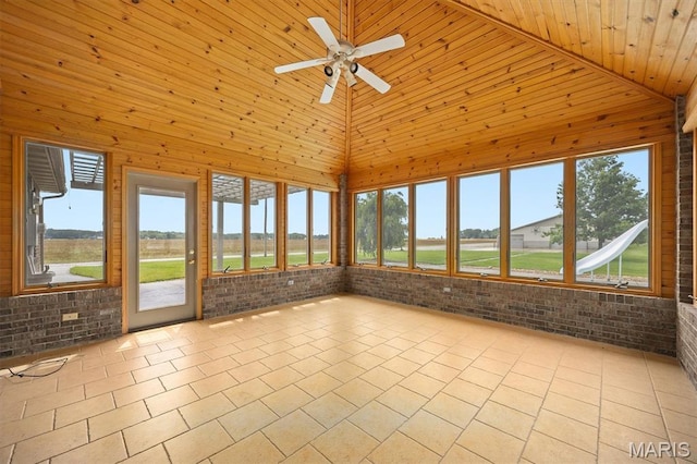 15020 Jamestown Rd, Breese, IL 62230 - unfurnished sunroom featuring brick wall, wooden ceiling, high vaulted ceiling, tile patterned floors, and wood walls