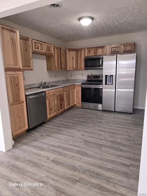 15020 Hackney Dr, Saint Robert, MO 65584 - kitchen featuring appliances with stainless steel finishes, a textured ceiling, light wood-style floors, a sink, and light countertops