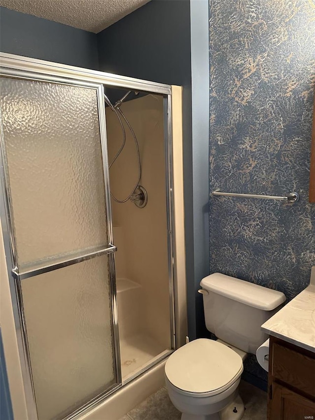 25 Whispering Oaks Dr, Washington, MO 63090 - bathroom with vanity, a stall shower, toilet, and a textured ceiling