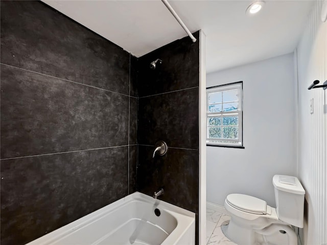 full bath with marble finish flooring, toilet, shower / tub combination, and baseboards