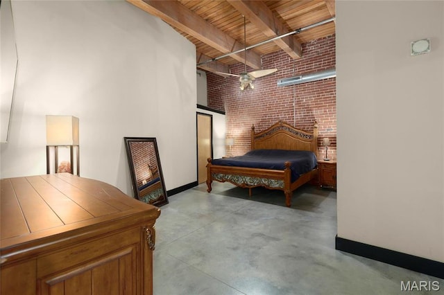 1113 Washington Ave Unit 215, Saint Louis, MO 63101 - bedroom featuring finished concrete flooring, brick wall, and a wood ceiling with exposed beams