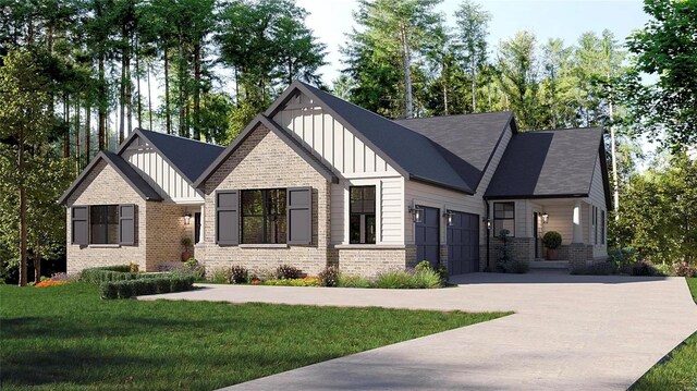 1136 Weidman Rd, Town And Country, MO 63017 - view of front of house featuring board and batten siding, concrete driveway, a front yard, brick siding, and an attached garage