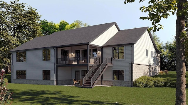 1136 Weidman Rd, Town And Country, MO 63017 - back of house with a lawn, stairs, brick siding, french doors, and a deck