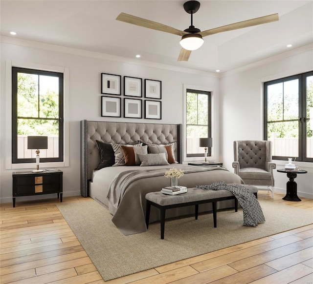 1136 Weidman Rd, Town And Country, MO 63017 - bedroom featuring light wood-type flooring, multiple windows, ornamental molding, recessed lighting, and baseboards