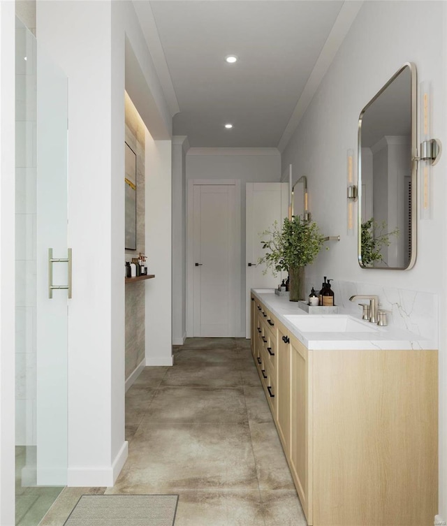 1136 Weidman Rd, Town And Country, MO 63017 - full bath featuring concrete flooring, baseboards, recessed lighting, and double vanity