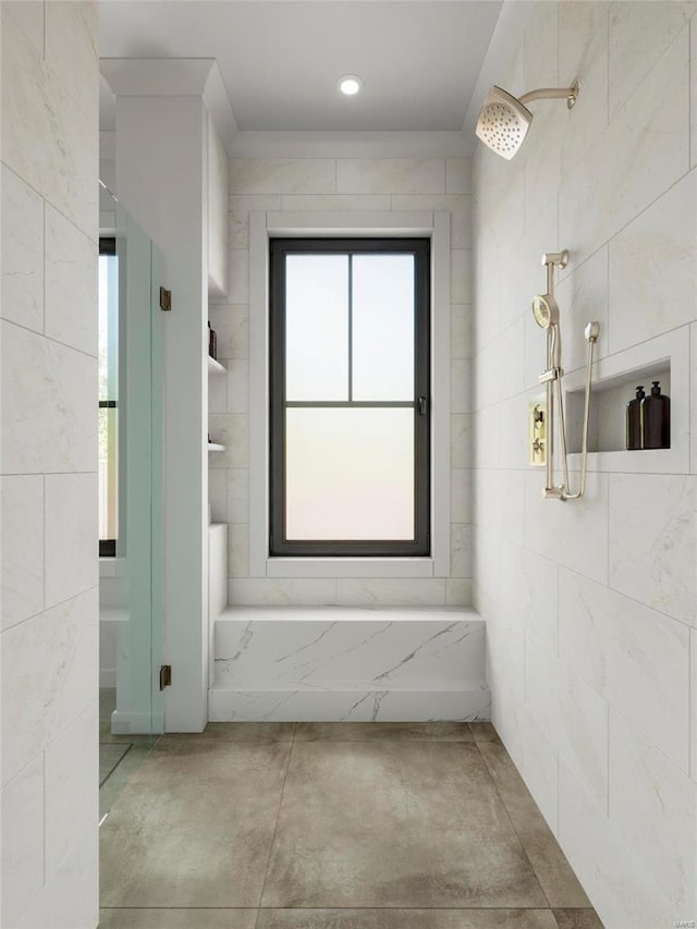 1136 Weidman Rd, Town And Country, MO 63017 - bathroom featuring a tile shower, concrete flooring, and tile walls