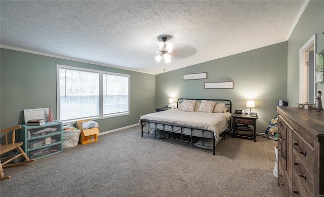 704 Ogle Dr, Richland, MO 65556 - carpeted bedroom with ornamental molding, a textured ceiling, ceiling fan, baseboards, and lofted ceiling
