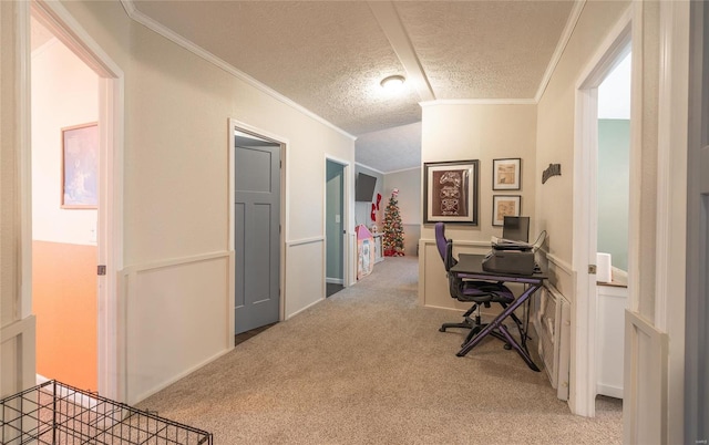 704 Ogle Dr, Richland, MO 65556 - home office with crown molding, carpet flooring, and a textured ceiling