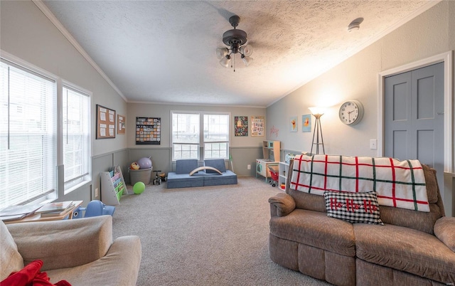 704 Ogle Dr, Richland, MO 65556 - living room with ornamental molding, carpet floors, a textured ceiling, a ceiling fan, and wainscoting