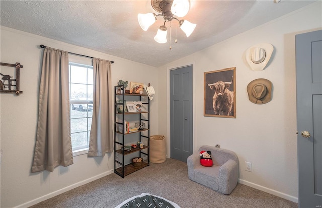 704 Ogle Dr, Richland, MO 65556 - sitting room featuring carpet floors, a textured ceiling, and baseboards