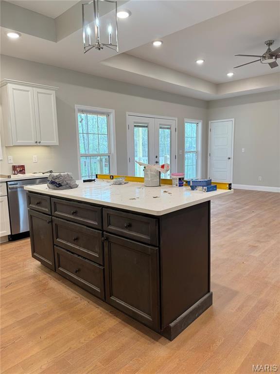 1905 Wheelwright Dr, Cape Girardeau, MO 63701 - kitchen featuring stainless steel dishwasher, a tray ceiling, white cabinets, light wood-type flooring, and recessed lighting
