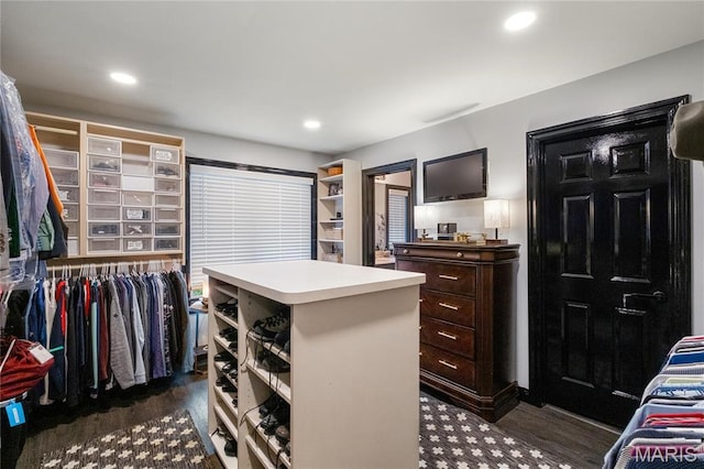 walk in closet featuring dark wood-style floors
