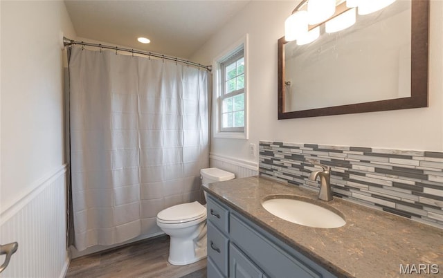14280 County Road 8100, Rolla, MO 65401 - bathroom featuring vanity, wood finished floors, toilet, wainscoting, and decorative backsplash