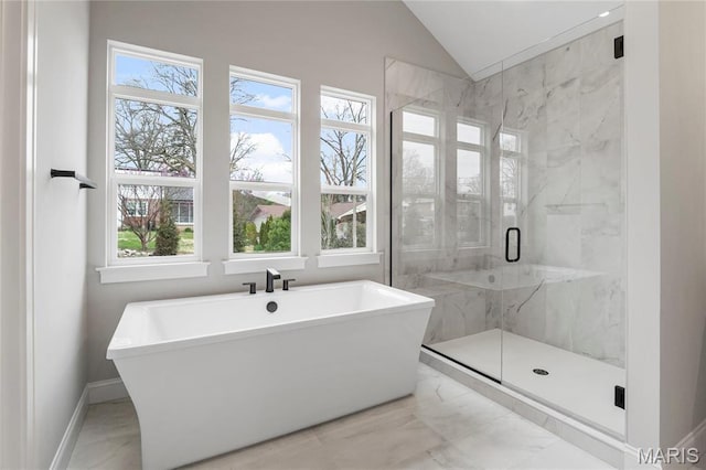 19 Beaver Dr, Creve Coeur, MO 63141 - full bath featuring a marble finish shower, marble finish flooring, a freestanding tub, and vaulted ceiling