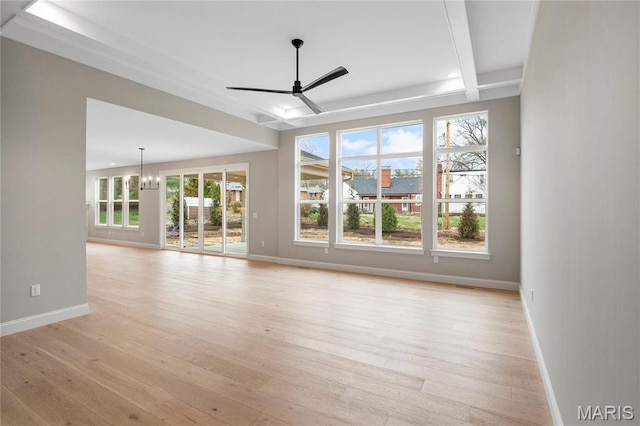19 Beaver Dr, Creve Coeur, MO 63141 - unfurnished living room featuring beamed ceiling, light wood-type flooring, baseboards, a ceiling fan, and coffered ceiling