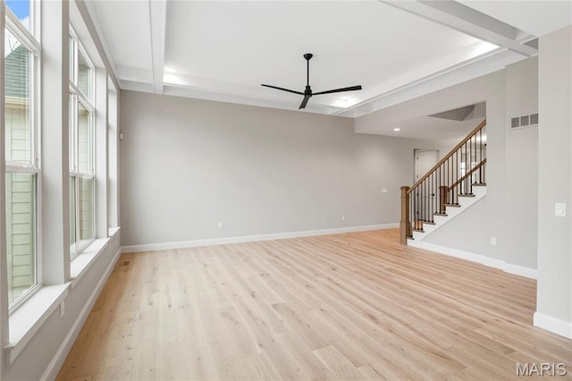 19 Beaver Dr, Creve Coeur, MO 63141 - unfurnished living room featuring ceiling fan, light wood-style floors, stairs, baseboards, and beamed ceiling