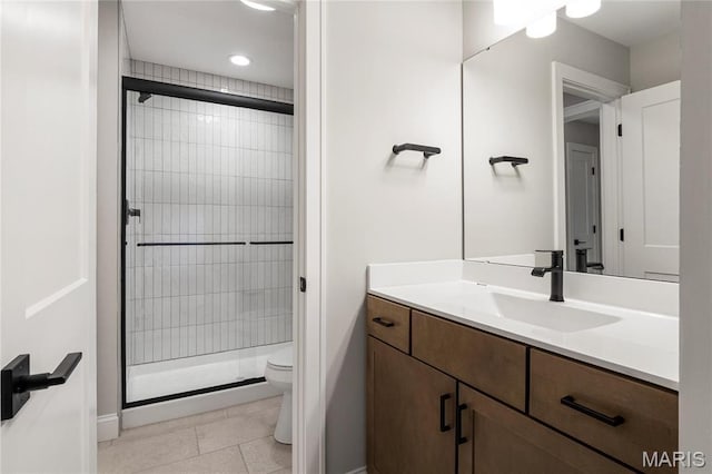 19 Beaver Dr, Creve Coeur, MO 63141 - full bath with toilet, a shower stall, vanity, recessed lighting, and tile patterned flooring