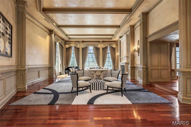 1290 Dry Ridge Rd, Town And Country, MO 63131 - sitting room featuring a decorative wall, dark wood-type flooring, ornate columns, beamed ceiling, and ornamental molding
