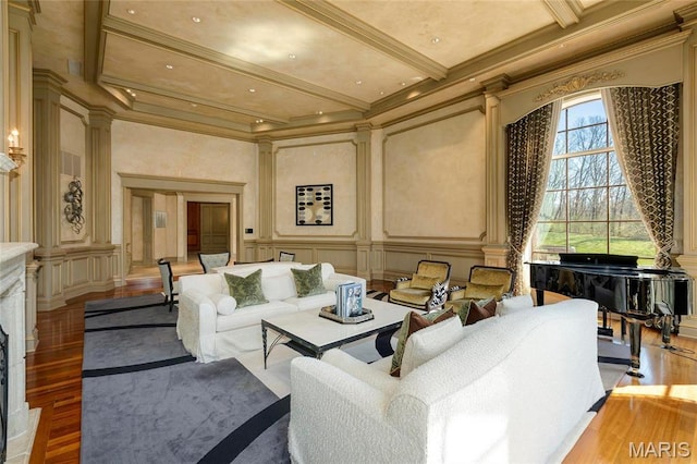 1290 Dry Ridge Rd, Town And Country, MO 63131 - living area with a decorative wall, ornate columns, light wood finished floors, and crown molding