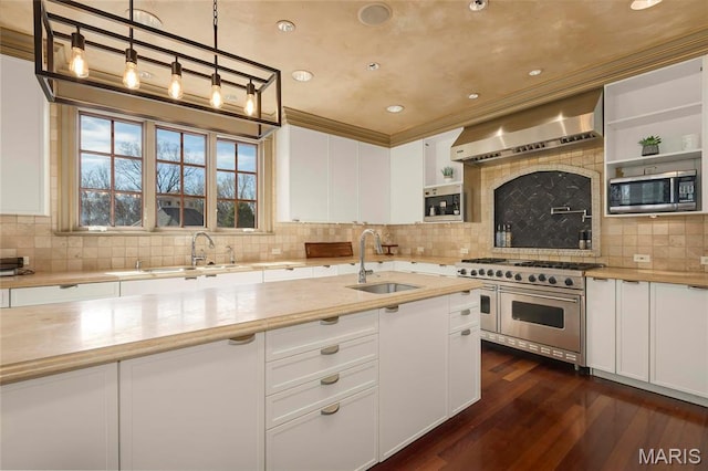 1290 Dry Ridge Rd, Town And Country, MO 63131 - kitchen with stainless steel appliances, wall chimney range hood, white cabinets, and crown molding