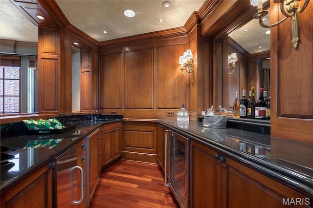 1290 Dry Ridge Rd, Town And Country, MO 63131 - indoor bar featuring beverage cooler, dark wood-type flooring, ornamental molding, and recessed lighting