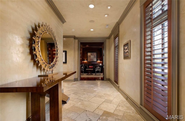 1290 Dry Ridge Rd, Town And Country, MO 63131 - hall with crown molding, stone tile flooring, and recessed lighting