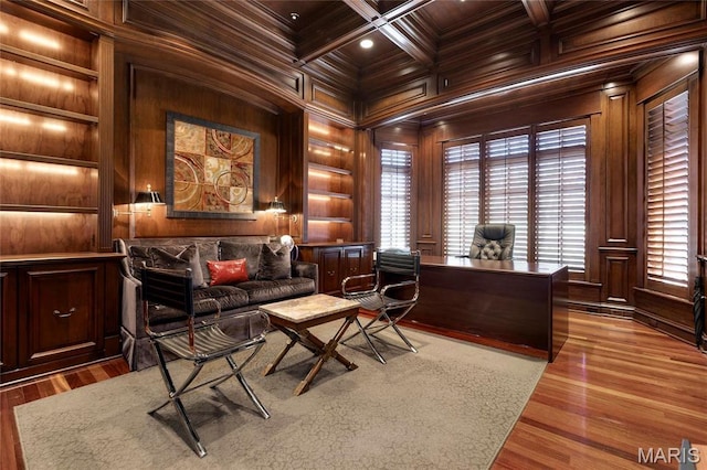 1290 Dry Ridge Rd, Town And Country, MO 63131 - office space with built in shelves, healthy amount of natural light, a wood ceiling with exposed beams, wood walls, and wood finished floors