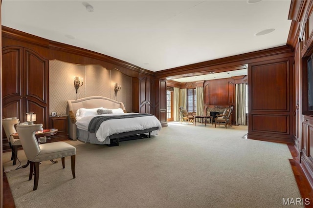 1290 Dry Ridge Rd, Town And Country, MO 63131 - bedroom featuring carpet flooring, ornamental molding, and wooden walls