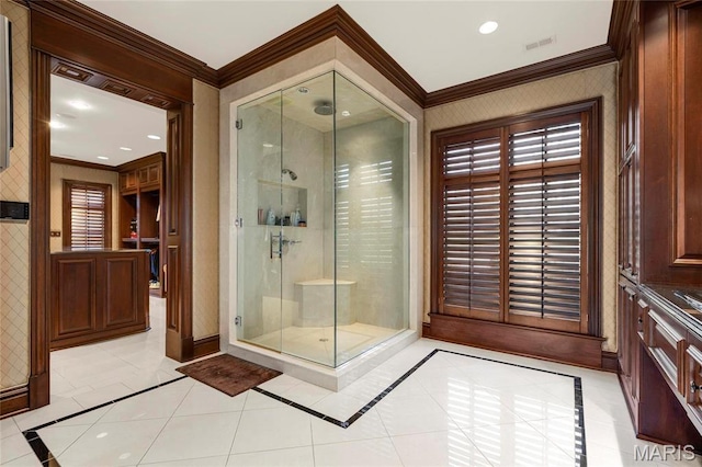 1290 Dry Ridge Rd, Town And Country, MO 63131 - bathroom with inlaid floor details, a stall shower, crown molding, tile patterned flooring, and wallpapered walls