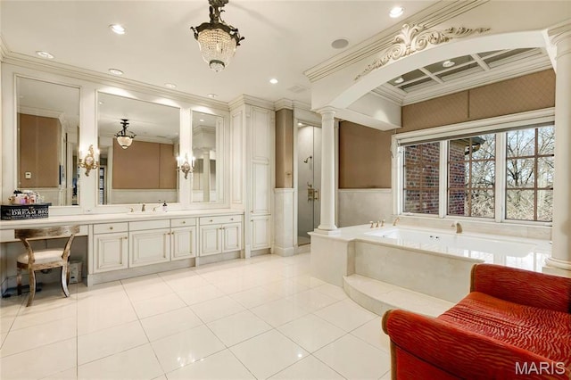 1290 Dry Ridge Rd, Town And Country, MO 63131 - bathroom with ornate columns, a bath, vanity, crown molding, and tile patterned floors
