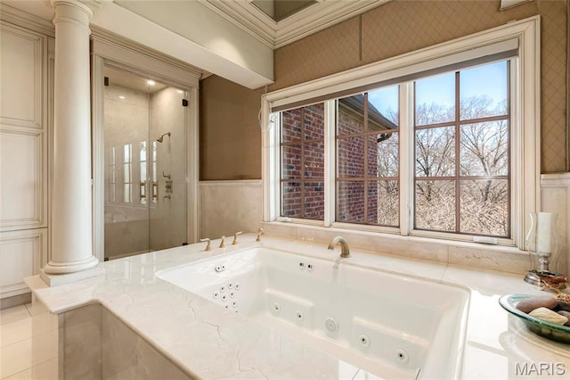 1290 Dry Ridge Rd, Town And Country, MO 63131 - bathroom featuring decorative columns, a jetted tub, wallpapered walls, and a shower stall
