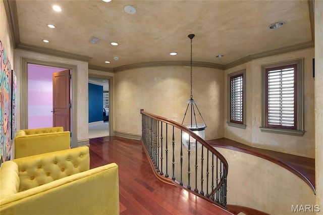 1290 Dry Ridge Rd, Town And Country, MO 63131 - corridor featuring crown molding, wood finished floors, an upstairs landing, and recessed lighting