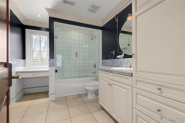 1290 Dry Ridge Rd, Town And Country, MO 63131 - full bathroom with ornamental molding, tile patterned floors, vanity, shower / washtub combination, and recessed lighting