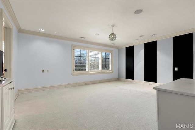 1290 Dry Ridge Rd, Town And Country, MO 63131 - unfurnished living room with light colored carpet, crown molding, and recessed lighting