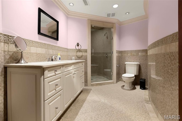 1290 Dry Ridge Rd, Town And Country, MO 63131 - full bathroom featuring tile walls, crown molding, a shower stall, a wainscoted wall, and vanity