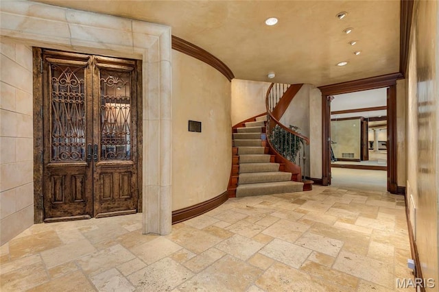 1290 Dry Ridge Rd, Town And Country, MO 63131 - wine cellar featuring stone tile flooring, recessed lighting, and ornamental molding