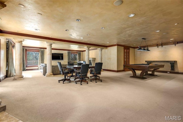 1290 Dry Ridge Rd, Town And Country, MO 63131 - playroom with decorative columns, crown molding, carpet flooring, billiards, and recessed lighting