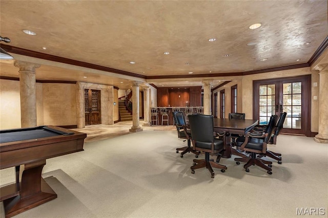 1290 Dry Ridge Rd, Town And Country, MO 63131 - game room featuring ornate columns, carpet floors, crown molding, recessed lighting, and french doors
