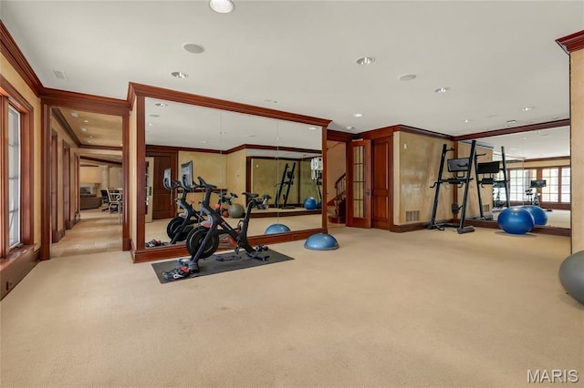 1290 Dry Ridge Rd, Town And Country, MO 63131 - workout area with carpet flooring, ornamental molding, and recessed lighting