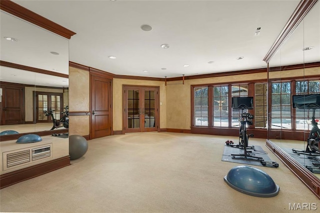 1290 Dry Ridge Rd, Town And Country, MO 63131 - workout room with french doors, ornamental molding, light colored carpet, and recessed lighting