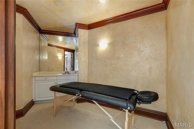 1290 Dry Ridge Rd, Town And Country, MO 63131 - workout area featuring crown molding, a textured wall, and light carpet