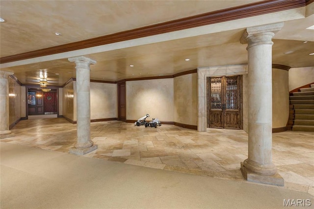 1290 Dry Ridge Rd, Town And Country, MO 63131 - basement with crown molding, stone tile floors, and stairs