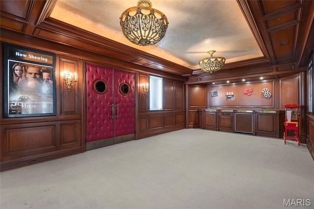 1290 Dry Ridge Rd, Town And Country, MO 63131 - carpeted cinema room with a chandelier, crown molding, and coffered ceiling